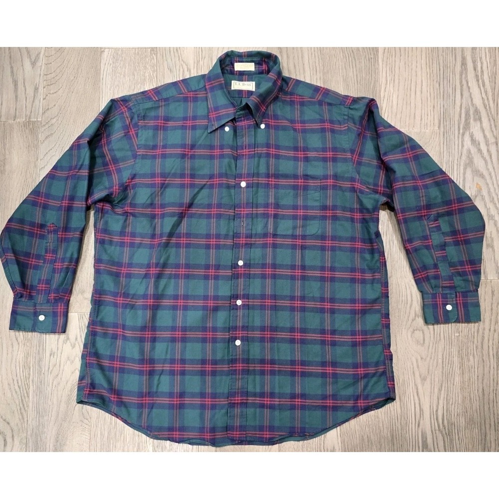 VTG LL Bean Shirt Men's 17 1/2-34 Green Plaid Single Needle Tailored Button